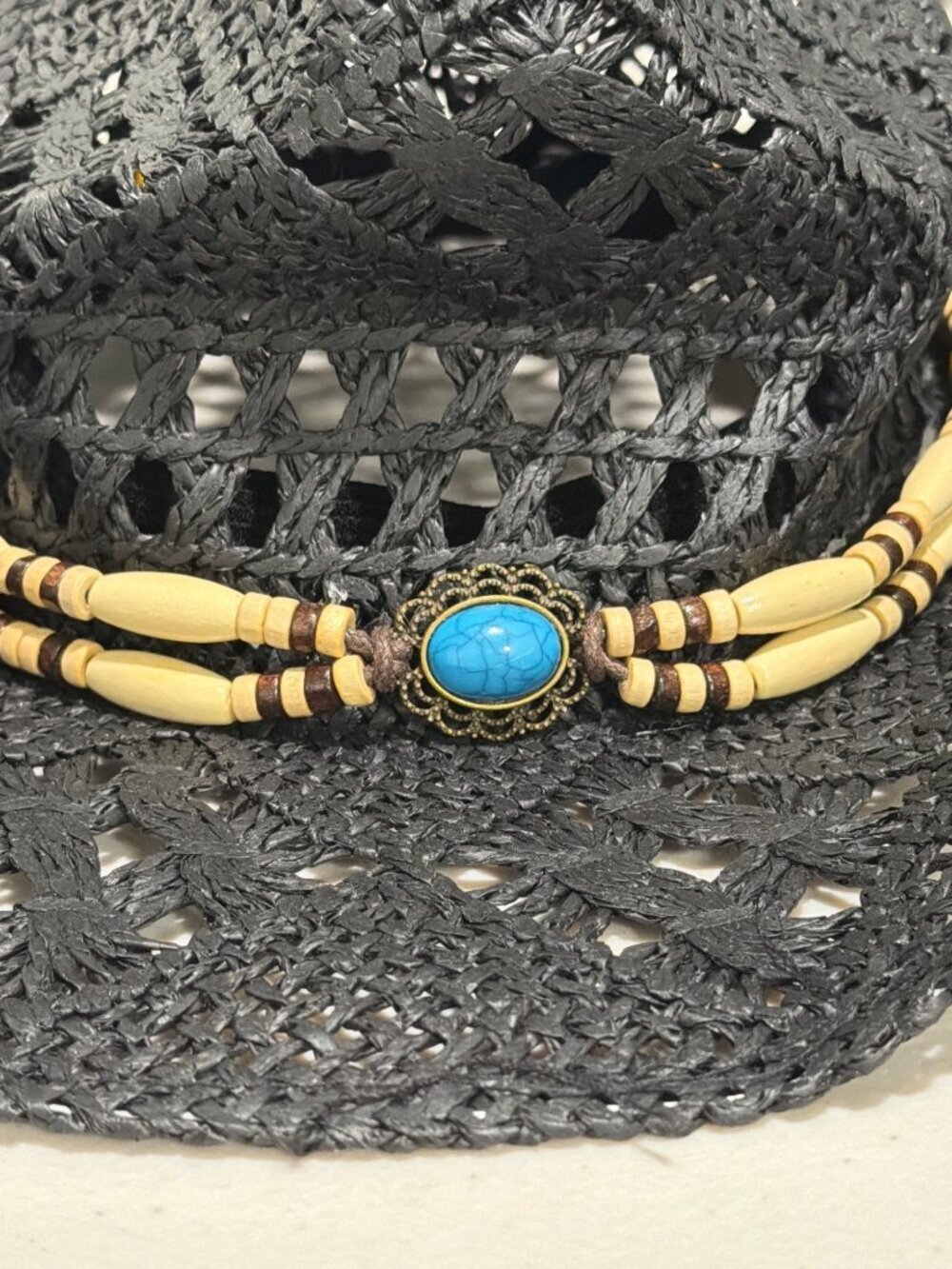 Black Woven Straw Cowboy Hat With Beaded Band & Turquoise Stone Accent - Picture 4 of 9
